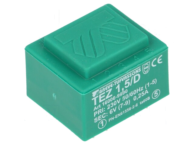 Transformator: ingegoten; 1,5VA; 230VAC; 6V; 250mA; PCB; IP00; TEZ Transformator: ingegoten; 1,5VA; 230VAC; 6V; 250mA; PCB; IP00; TEZ